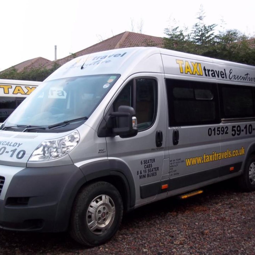 A silver executive minibus taxi parked on a gravel surface. The vehicle has bold black and yellow text on the side reading "TAXI travel Executive" and displays a phone number and website. The minibus offers 6-seater cabs and 8- and 16-seater mini buses. Another similar vehicle is partially visible in the background.
